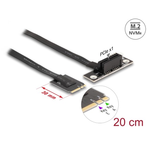 Delock M.2 Key A+E to PCIe x1 NVMe Adapter angled with 20 cm cable