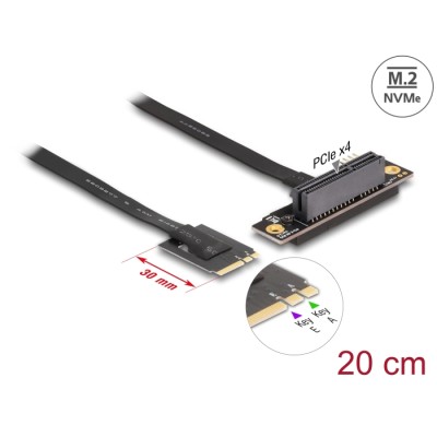 Delock M.2 Key A+E to PCIe x4 NVMe Adapter angled with 20 cm cable