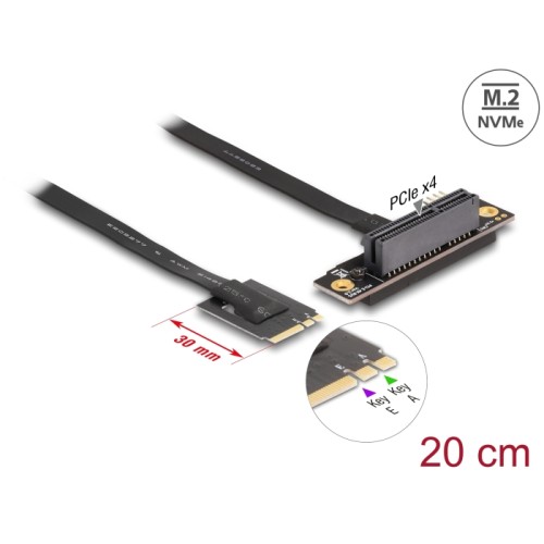 Delock M.2 Key A+E to PCIe x4 NVMe Adapter angled with 20 cm cable