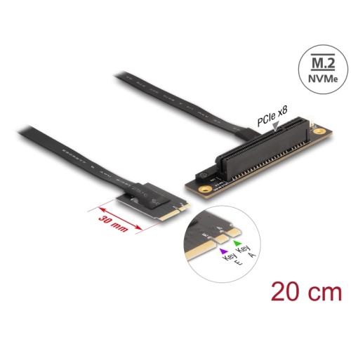 Delock M.2 Key A+E to PCIe x8 NVMe Adapter angled with 20 cm cable
