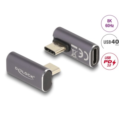 Delock USB Adapter 40 Gbps USB Type-C™ PD 3.0 100 W male to female rotated angled left / right 8K 60 Hz metal