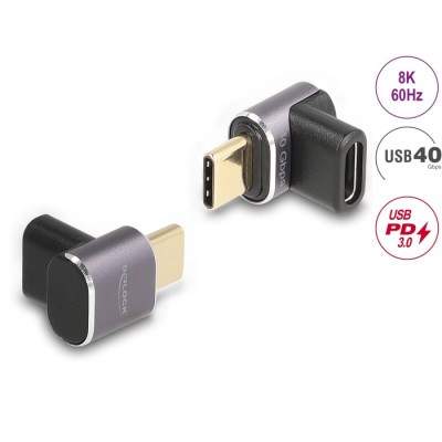 Delock USB Adapter 40 Gbps USB Type-C™ PD 3.0 100 W male to female angled 8K 60 Hz metal compact