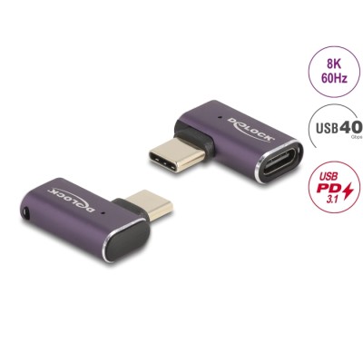 Delock USB Adapter 40 Gbps USB Type-C™ PD 3.1 240 W male to female angled left / right 8K 60 Hz metal