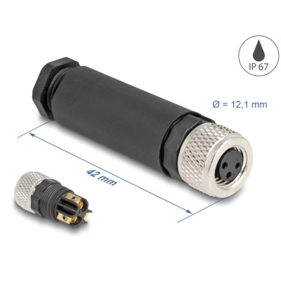 Delock M8 Connector A-coded 3 pin female for mounting with screw connection