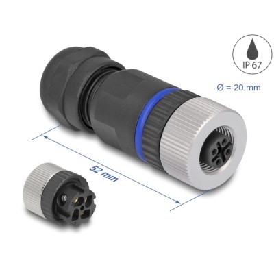 Delock M12 Connector A-coded 4 pin female for mounting with screw connection