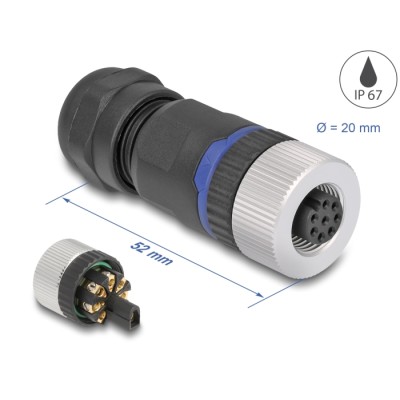Delock M12 Connector A-coded 8 pin female for mounting with screw connection