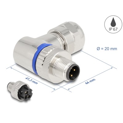 Delock M12 Connector A-coded 3 pin male for mounting with screw connection 90° angled metal