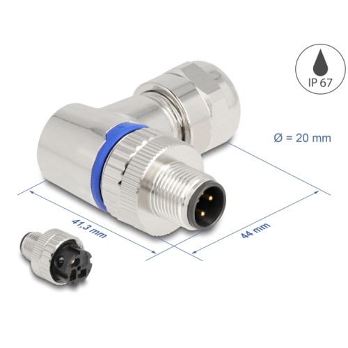 Delock M12 Connector A-coded 3 pin male for mounting with screw connection 90° angled metal
