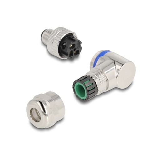 Delock M12 Connector A-coded 3 pin male for mounting with screw connection 90° angled metal
