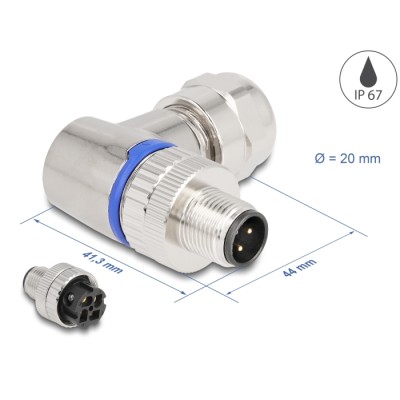 Delock M12 Connector A-coded 4 pin male for mounting with screw connection 90° angled metal