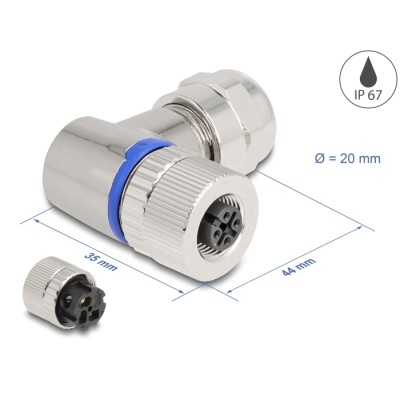 Delock M12 Connector A-coded 3 pin female for mounting with screw connection 90° angled metal