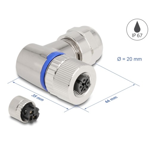 Delock M12 Connector A-coded 3 pin female for mounting with screw connection 90° angled metal