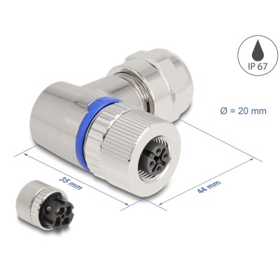 Delock M12 Connector A-coded 4 pin female for mounting with screw connection 90° angled metal