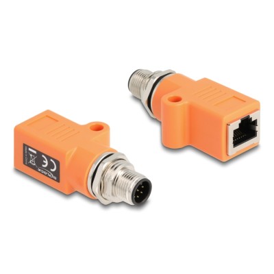Delock M12 Adapter A-coded 8 pin male to RJ45 jack Cat.5e with mounting hole straight orange