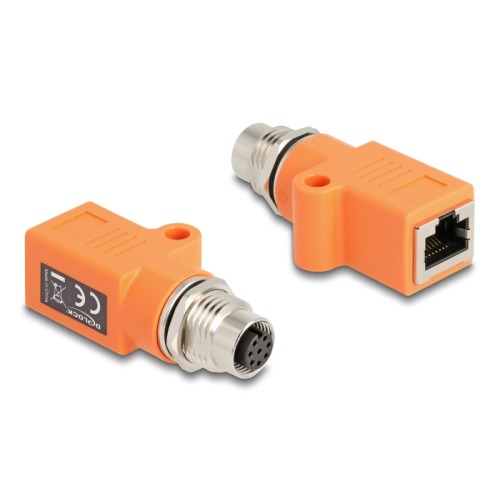 Delock M12 Adapter A-coded 8 pin female to RJ45 jack Cat.5e with mounting hole straight orange