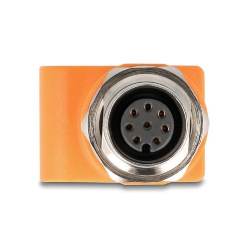 Delock M12 Adapter A-coded 8 pin female to RJ45 jack Cat.5e with mounting hole straight orange