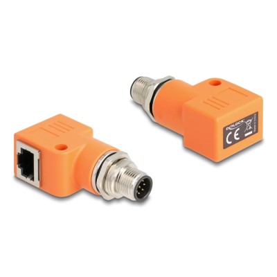 Delock M12 Adapter A-coded 8 pin male to RJ45 jack Cat.5e with mounting hole 90° angled orange