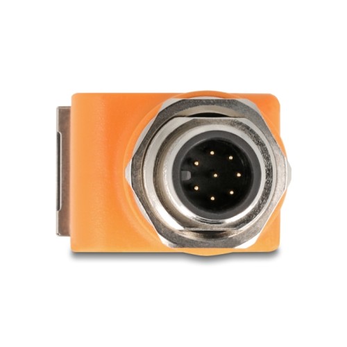 Delock M12 Adapter A-coded 8 pin male to RJ45 jack Cat.5e with mounting hole 90° angled orange