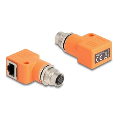 Delock M12 Adapter A-coded 8 pin female to RJ45 jack Cat.5e with mounting hole 90° angled orange