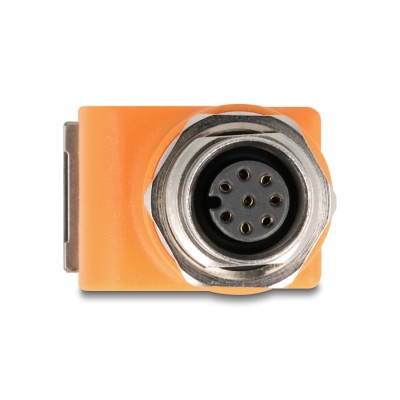 Delock M12 Adapter A-coded 8 pin female to RJ45 jack Cat.5e with mounting hole 90° angled orange 2