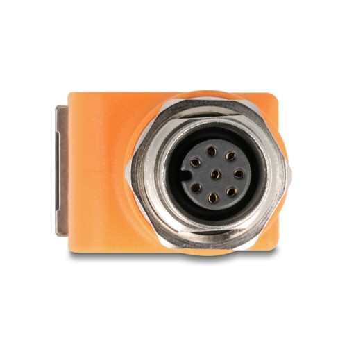 Delock M12 Adapter A-coded 8 pin female to RJ45 jack Cat.5e with mounting hole 90° angled orange