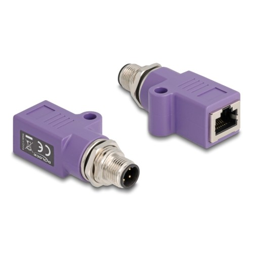 Delock M12 Adapter D-coded 4 pin male to RJ45 jack Cat.5e with mounting hole straight violet