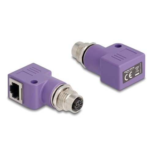 Delock M12 Adapter D-coded 4 pin female to RJ45 jack Cat.5e with mounting hole 90° angled violet