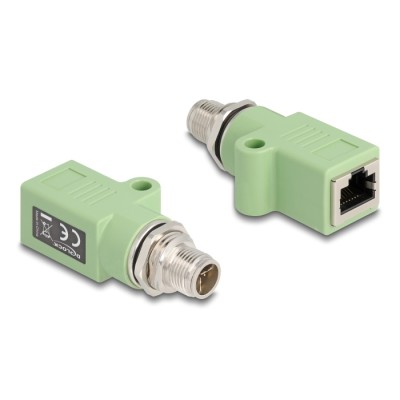 Delock M12 Adapter X-coded 8 pin male to RJ45 jack Cat.5e with mounting hole straight green
