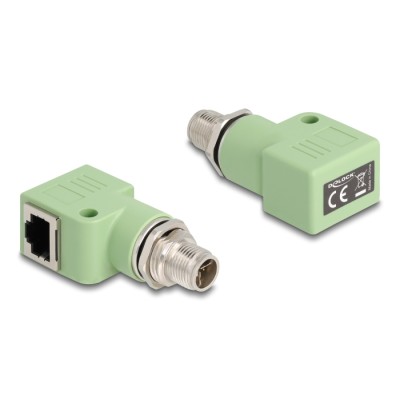 Delock M12 Adapter X-coded 8 pin male to RJ45 jack Cat.5e with mounting hole 90° angled green