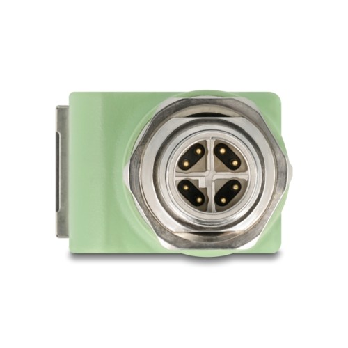 Delock M12 Adapter X-coded 8 pin male to RJ45 jack Cat.5e with mounting hole 90° angled green
