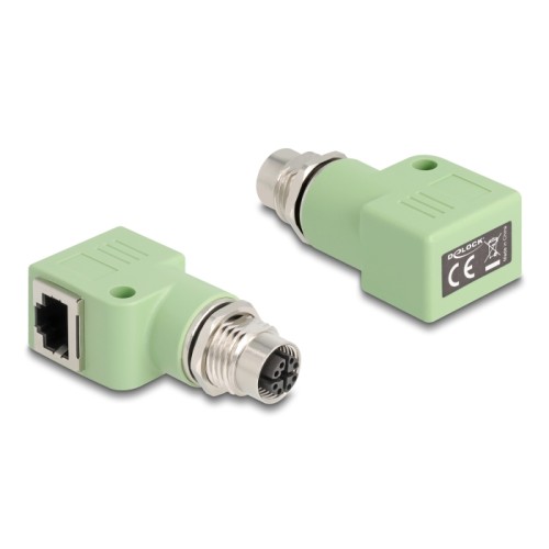 Delock M12 Adapter X-coded 8 pin female to RJ45 jack Cat.5e with mounting hole 90° angled green