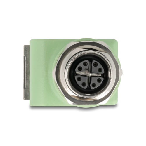 Delock M12 Adapter X-coded 8 pin female to RJ45 jack Cat.5e with mounting hole 90° angled green