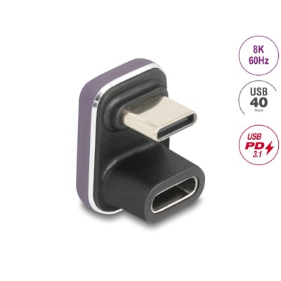 Delock USB-C™ Adapter 180° angled 40 Gbps PD 3.1 240 W male to female U-shape 8K 60 Hz metal