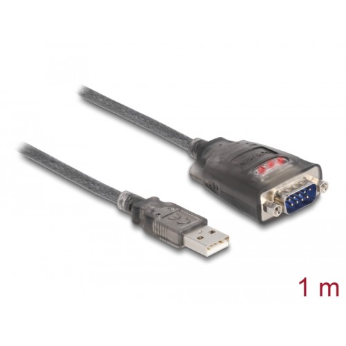 Delock Adapter USB 2.0 Type-A to 1 x Serial RS-232 D-Sub 9 pin male with nuts with 3 x LED 1 m