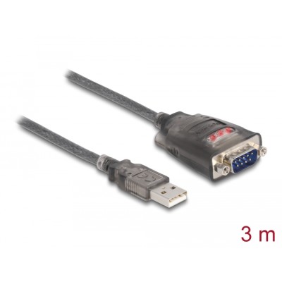 Delock Adapter USB 2.0 Type-A to 1 x Serial RS-232 D-Sub 9 pin male with nuts with 3 x LED 3 m