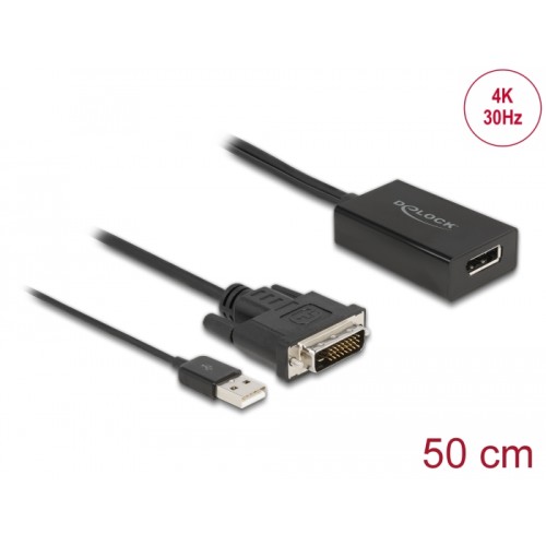 Delock Adapter DVI male to DisplayPort 1.2 female black 4K with HDR function 50 cm