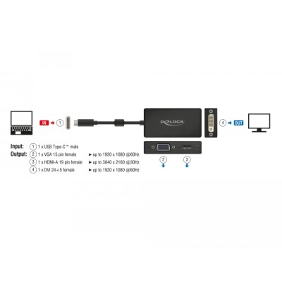 Delock Adapter USB Type-C™ Stecker  VGA / HDMI / DVI Buchse schwarz 2