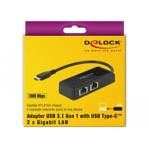 Delock Adapter SuperSpeed USB (USB 3.1 Gen 1) with USB Type-C™ male > 2 x Gigabit LAN 10/100/1000 Mbps