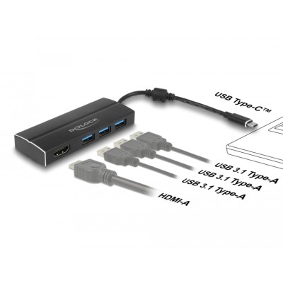 Delock USB 5 Gbps Adapter USB Type-C™ to 3 x USB 5 Gbps Type-A Hub + 1 x HDMI (DP Alt Mode) 4K 30 Hz 2