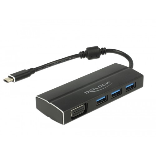 Delock USB 3.1 Gen 1 Adapter USB Type-C™ to 3 x USB 3.0 Type-A Hub + 1 x VGA (DP Alt Mode)