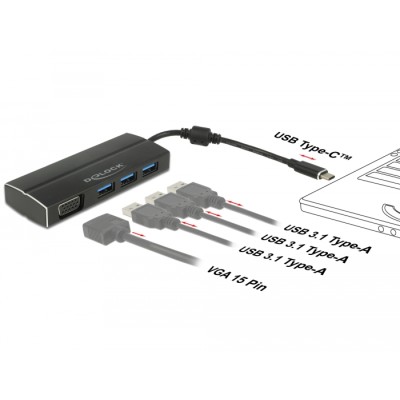 Delock USB 3.1 Gen 1 Adapter USB Type-C™ to 3 x USB 3.0 Type-A Hub + 1 x VGA (DP Alt Mode) 2