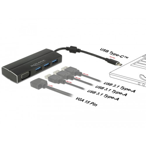 Delock USB 3.1 Gen 1 Adapter USB Type-C™ to 3 x USB 3.0 Type-A Hub + 1 x VGA (DP Alt Mode)