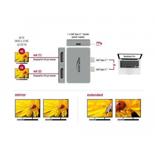 Delock Dual DisplayPort Adapter with 4K 60 Hz and PD 3.0 for MacBook