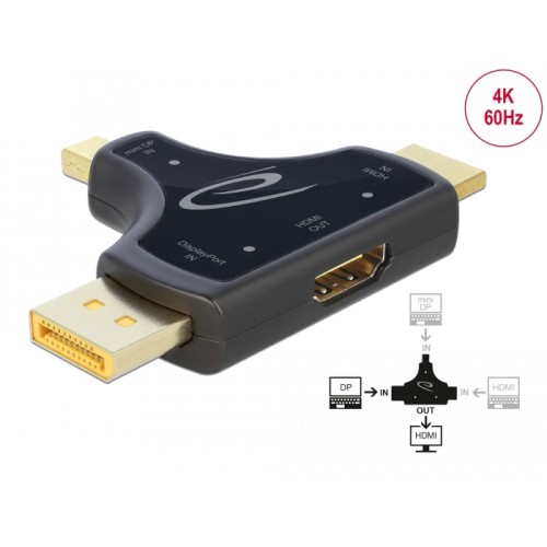 Delock 3 in 1 Monitor Adapter with HDMI / DisplayPort / mini DisplayPort in to HDMI out with 4K 60 Hz