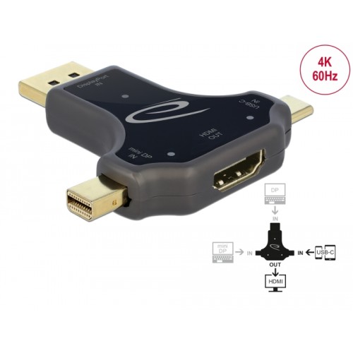 Delock 3 in 1 Monitor Adapter with USB-C™ / DisplayPort / mini DisplayPort in to HDMI out with 4K 60 Hz