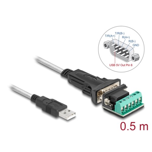 Delock Adapter USB 2.0 Type-A to 1 x Serial RS-422/485 male with 6 pin terminal block 5 V 0.5 m