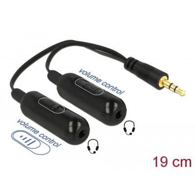 Delock Adapter Cable audio splitter stereo jack male 3.5 mm 3 pin > 2 x stereo jack female 3.5 mm 3 pin + Volume control 19 cm