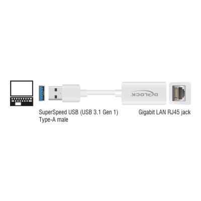 Delock Adapter SuperSpeed USB (USB 3.2 Gen 1) with USB Type-A male > Gigabit LAN 10/100/1000 Mbps compact white 2