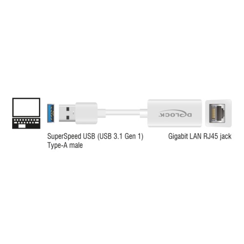 Delock USB Type-A Network Adapter Gigabit LAN 1 x RJ45 compact white