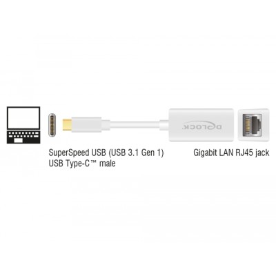 Delock Adapter SuperSpeed USB (USB 3.1 Gen 1) with USB Type-C™ male > Gigabit LAN 10/100/1000 Mbps compact white 2